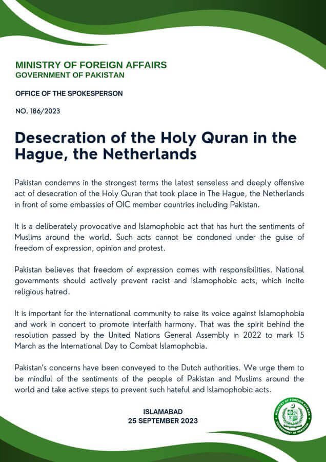 Ministry of Foreign Affairs Condemns Quran Desecration in Netherlands