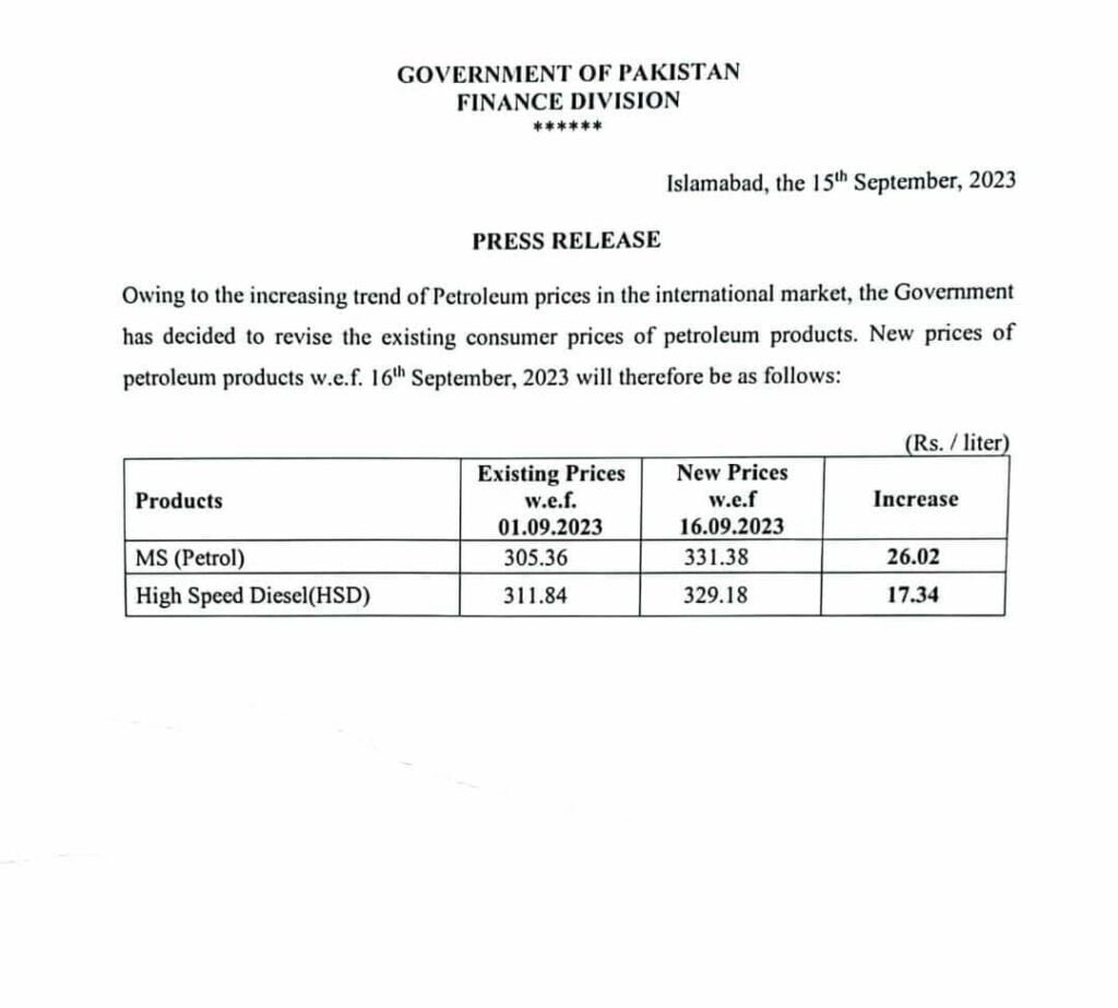 Petrol price increase Notification